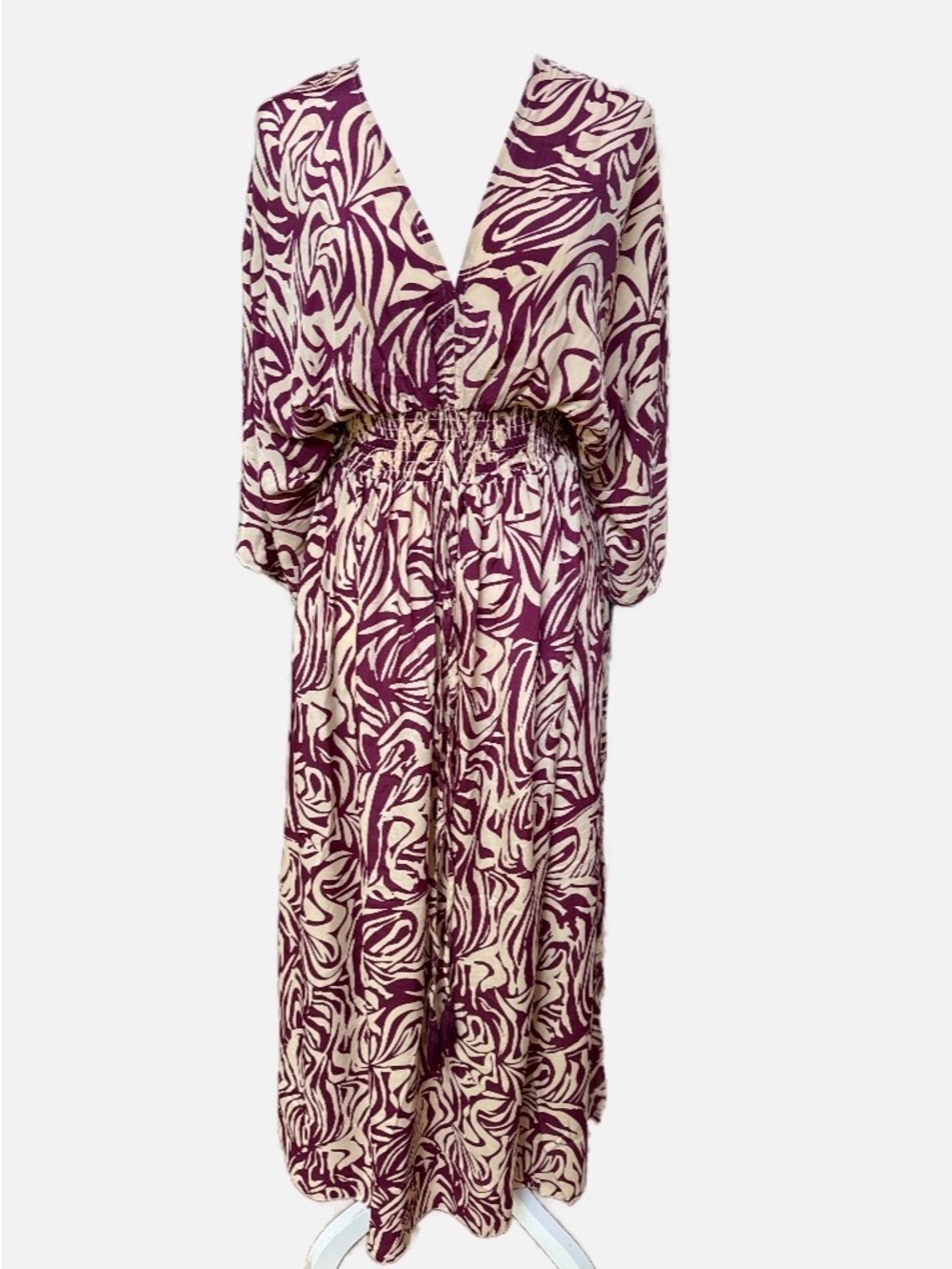 Silk Wine Red and Cream Dolman Sleeve V-neck smocked waist relaxed maxi dress
